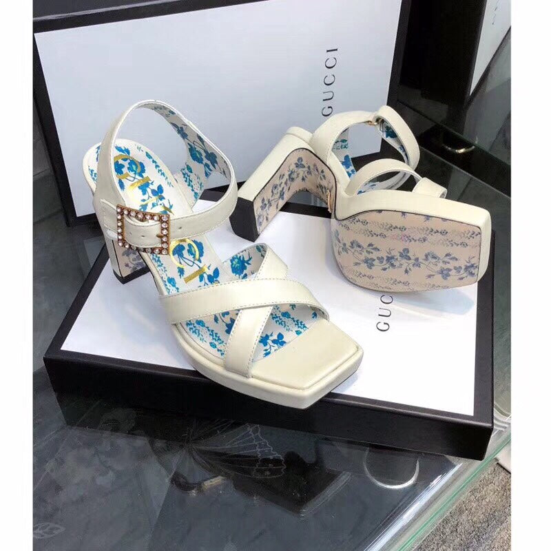 GUCCI HIGH SANDAL WHITE CALFSKIN WITH PATTERNS