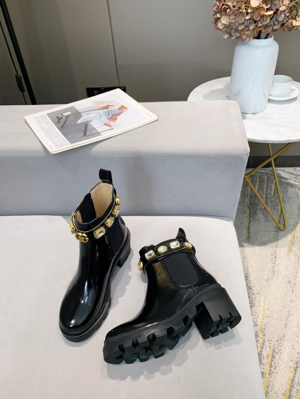 GUCCI CRYSTAL ANKLE BOOTS IN BLACK CALFSKIN GHW