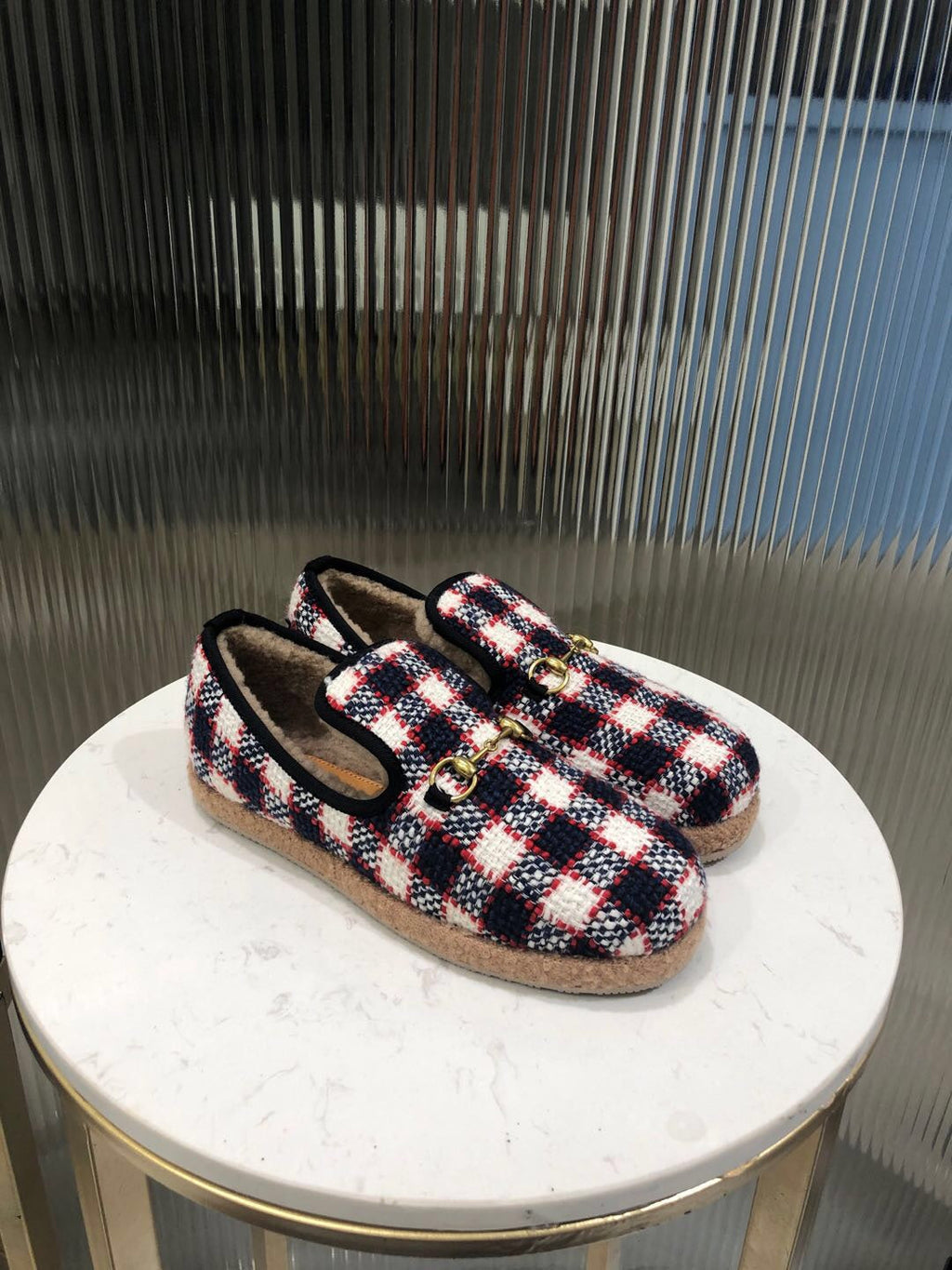 GUCCI HORSEBIT LOAFER IN COLORFUL TWEED AND LAMB FUR LINING