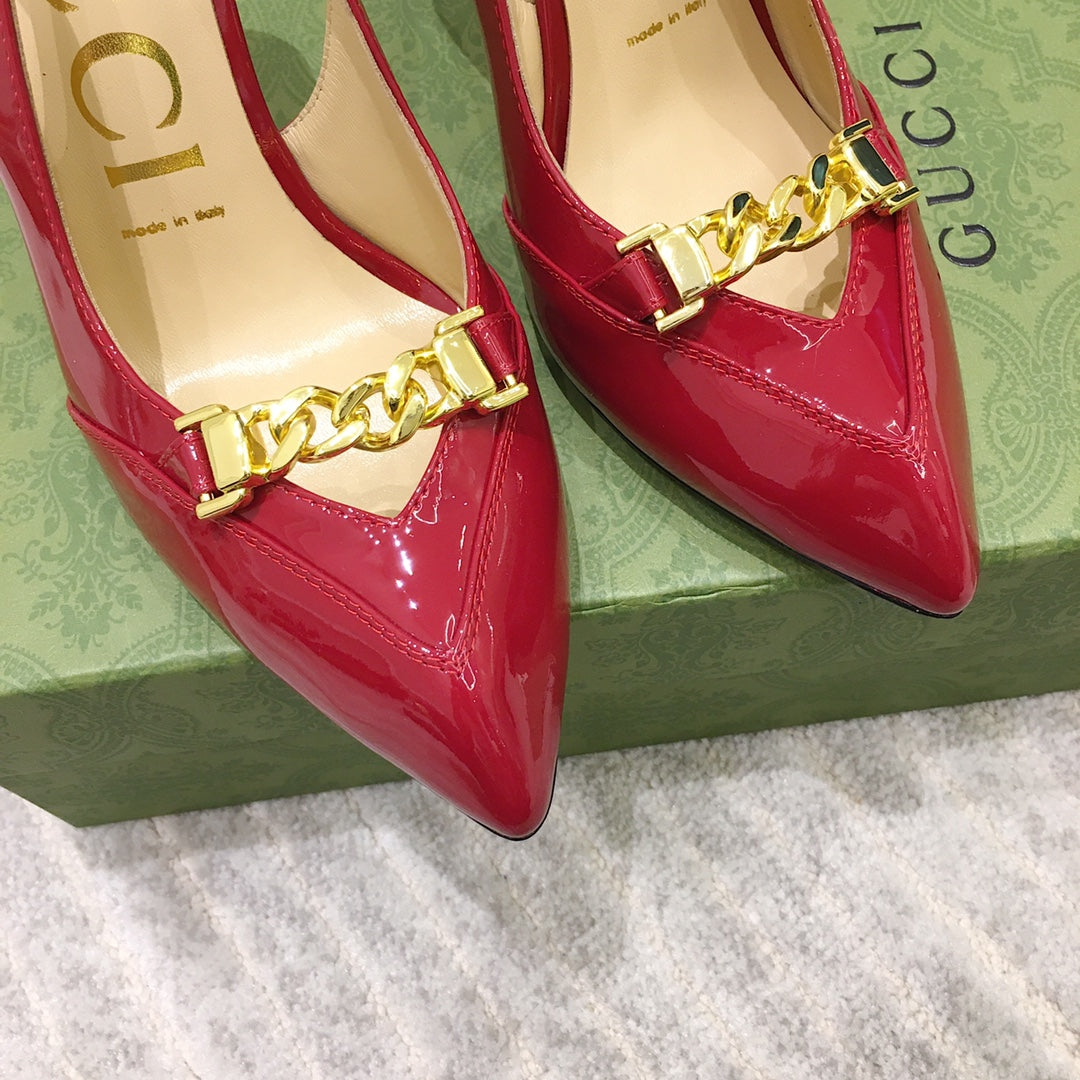 GUCCI HIGH HEEL SLINGBACK RUBY CALFSKIN WITH CHAIN