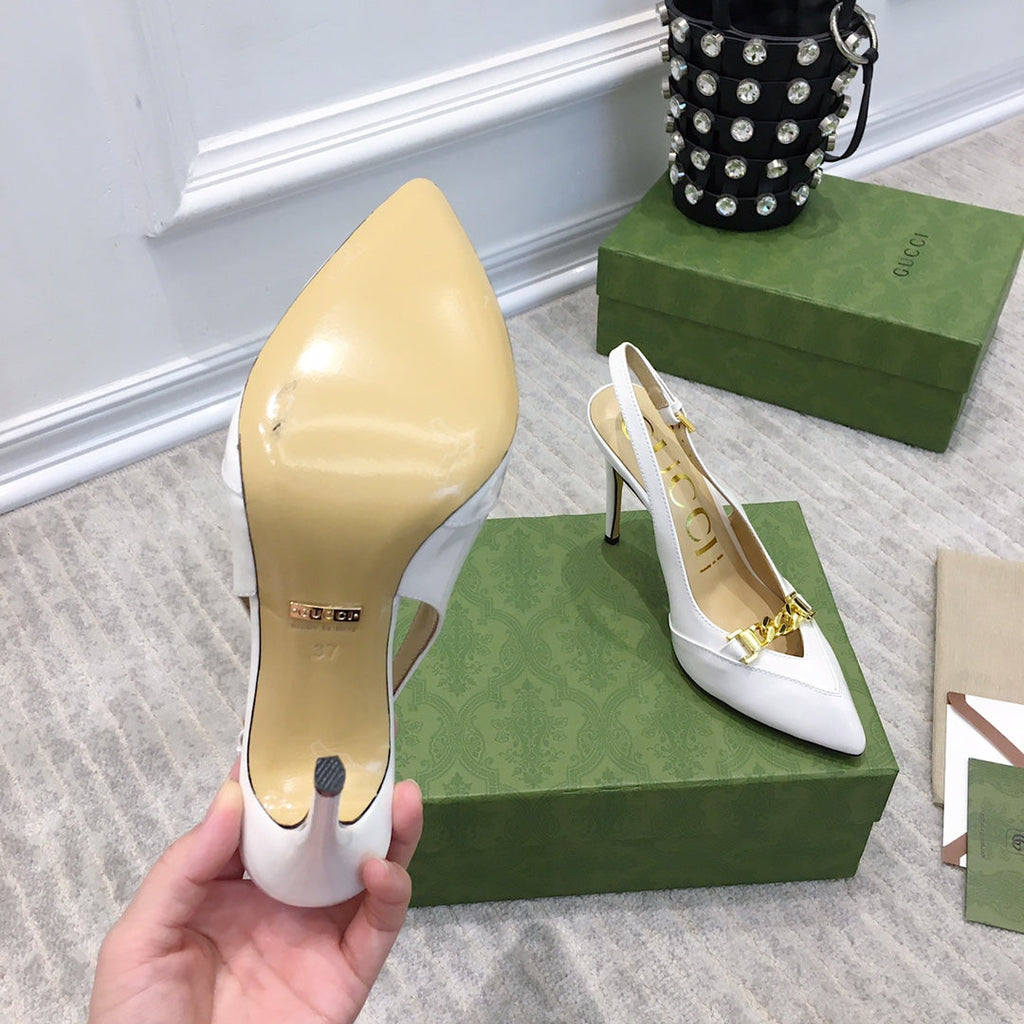 GUCCI HIGH HEEL SLINGBACK WHITE CALFSKIN WITH CHAIN