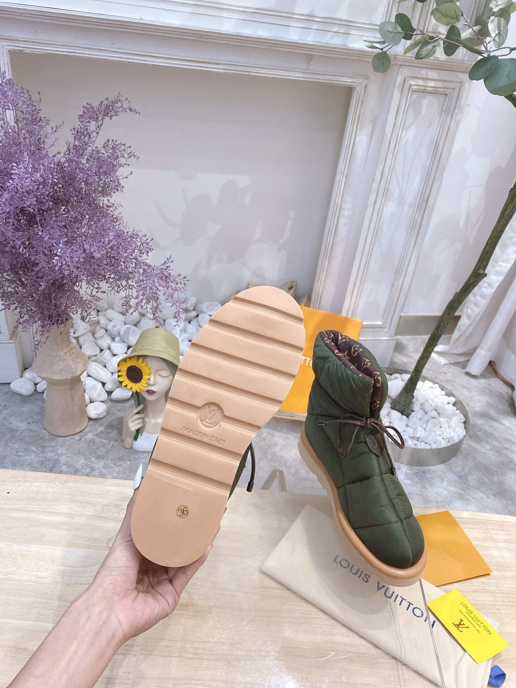 LOUIS VUITTON PILLOW COMFORT ANKLE BOOTS IN ARMY GREEN NYLON