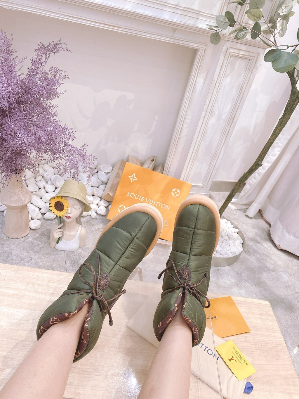 LOUIS VUITTON PILLOW COMFORT ANKLE BOOTS IN ARMY GREEN NYLON