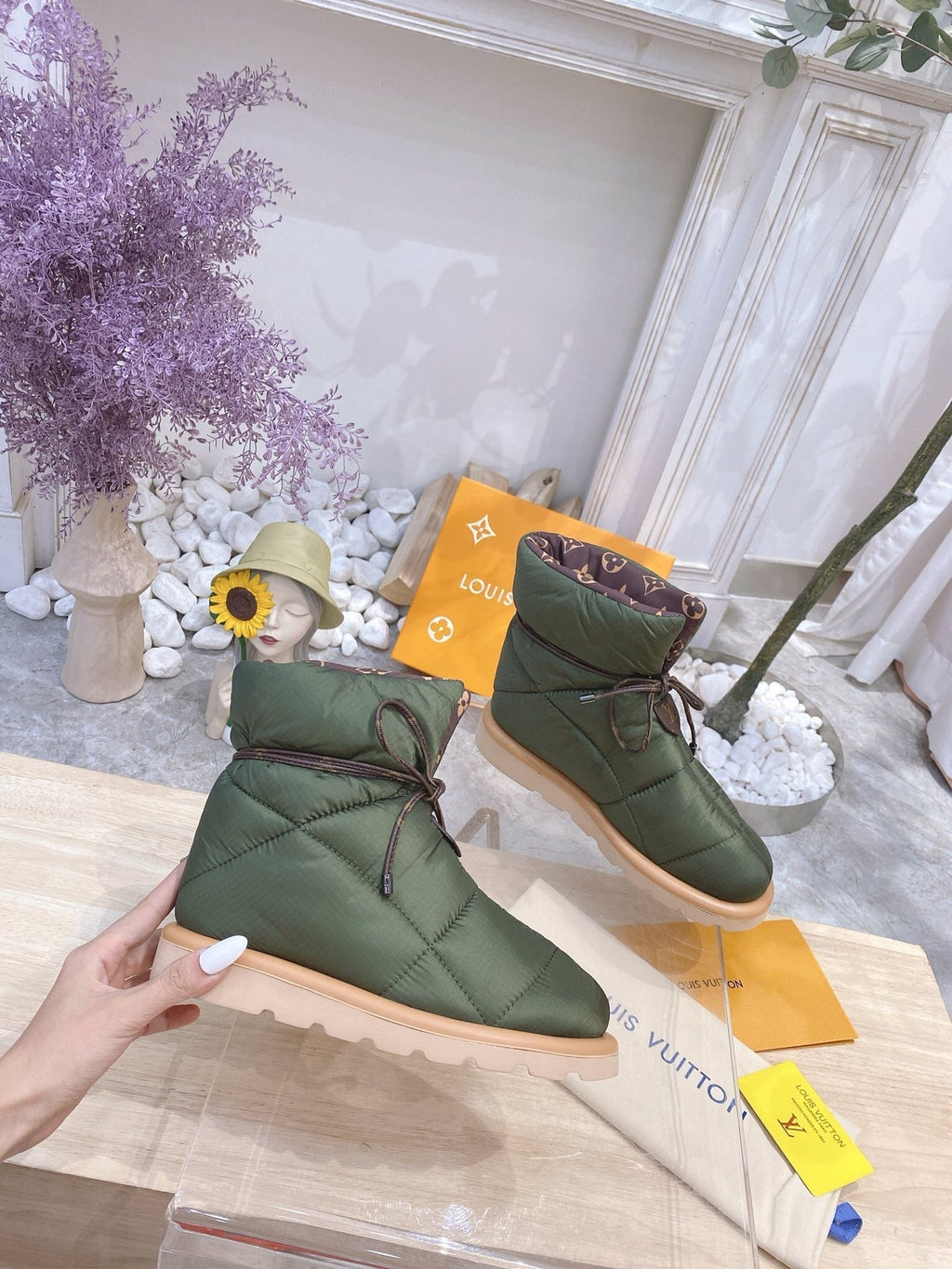 LOUIS VUITTON PILLOW COMFORT ANKLE BOOTS IN ARMY GREEN NYLON