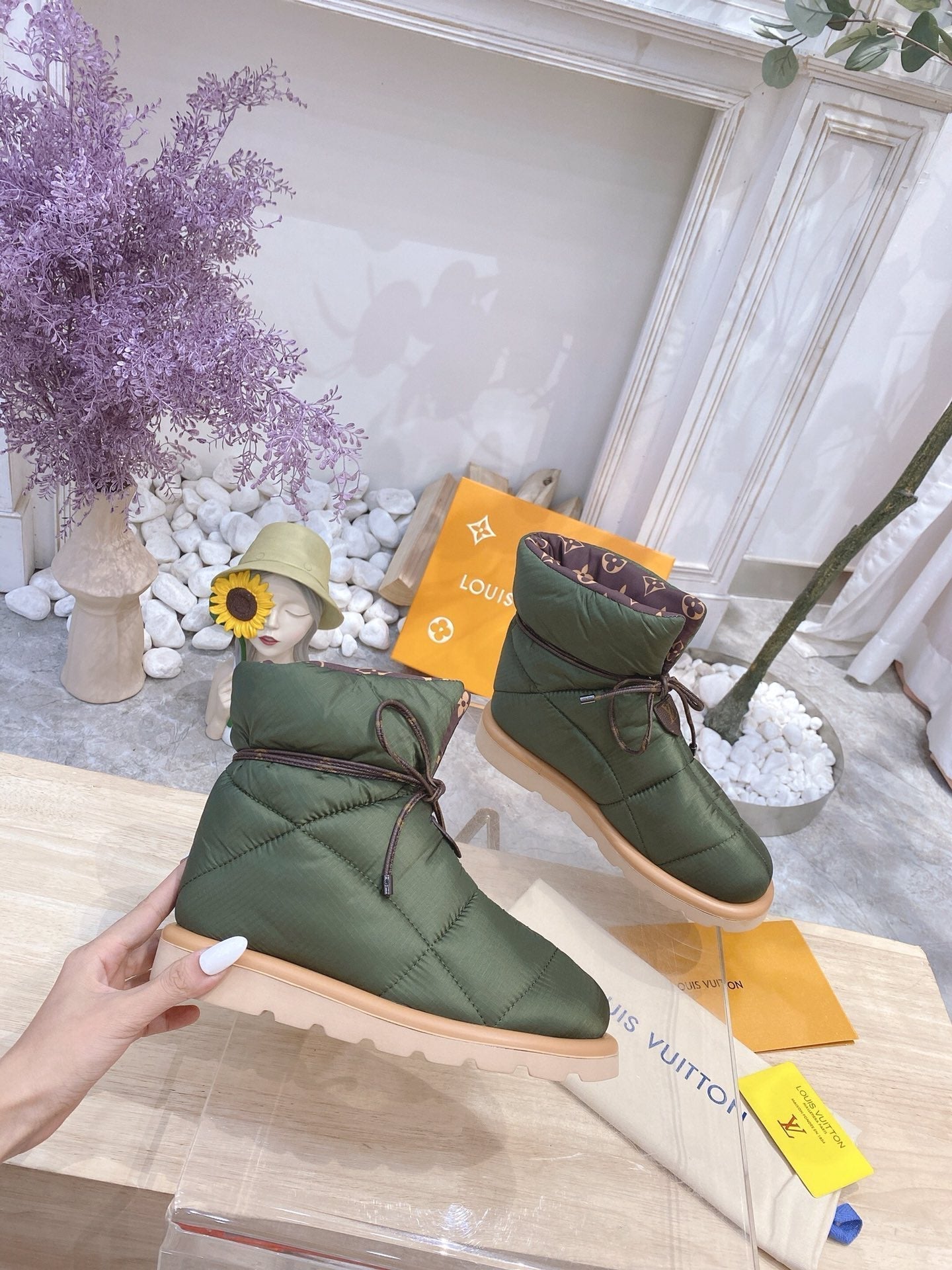 LOUIS VUITTON PILLOW COMFORT ANKLE BOOTS IN ARMY GREEN NYLON