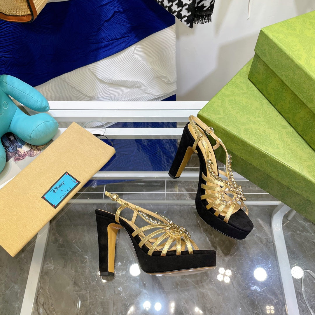 GUCCI CRYSTAL HIGH HEEL SANDAL BLACK LAMBSKIN