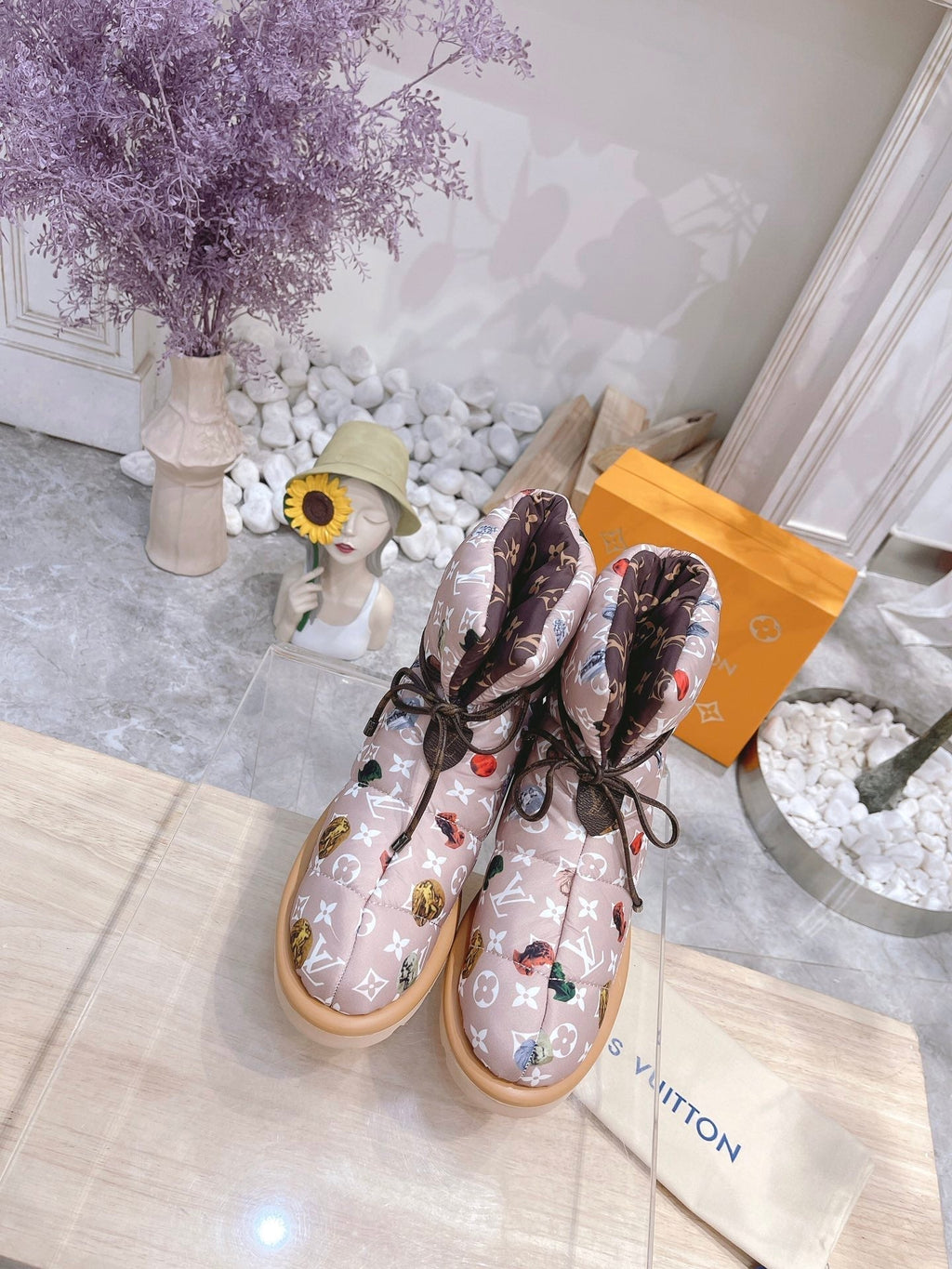 LOUIS VUITTON PILLOW COMFORT ANKLE BOOTS IN ROSY BROWN MIX WHITE MONOGRAM NYLON