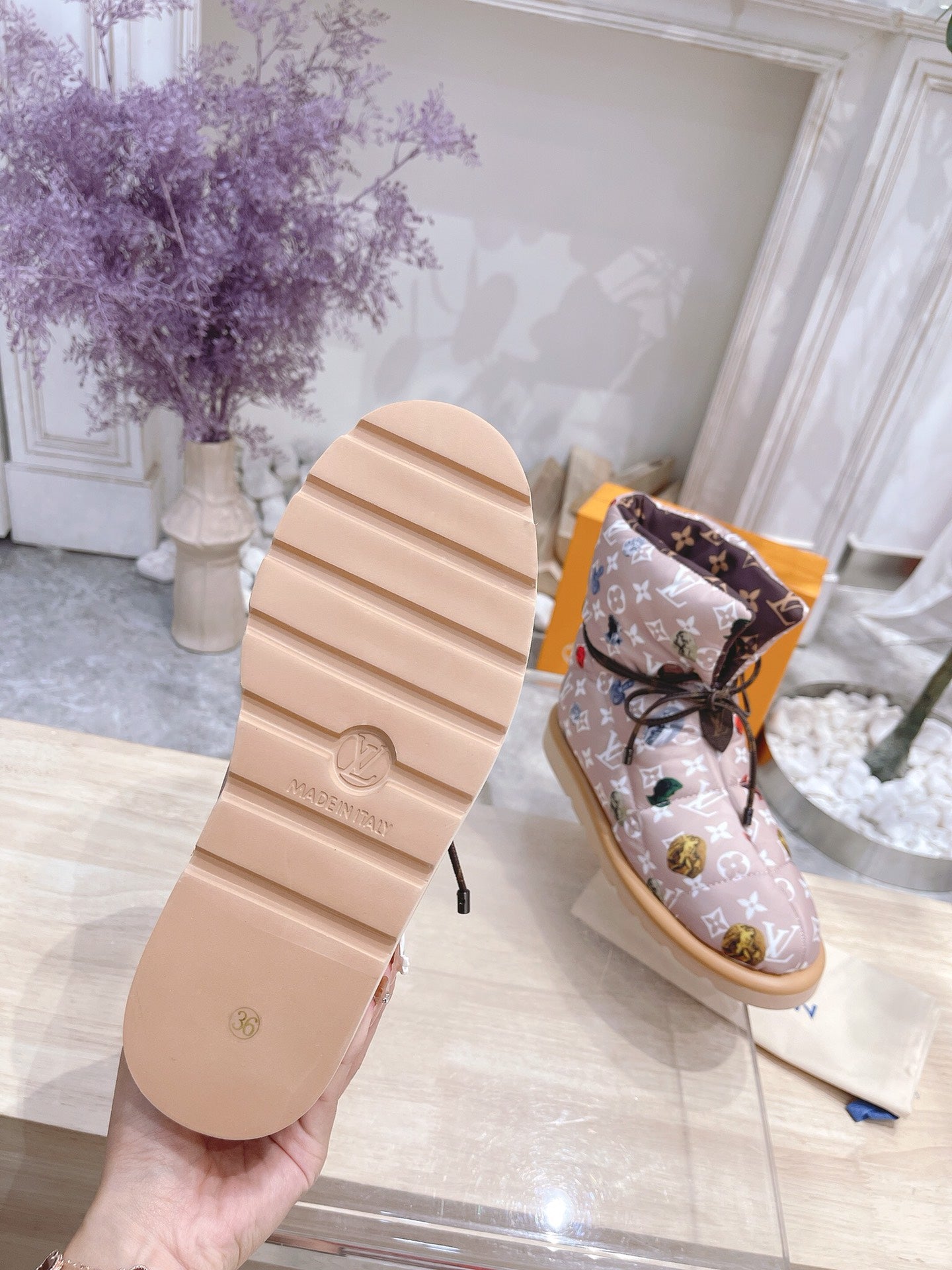 LOUIS VUITTON PILLOW COMFORT ANKLE BOOTS IN ROSY BROWN MIX WHITE MONOGRAM NYLON