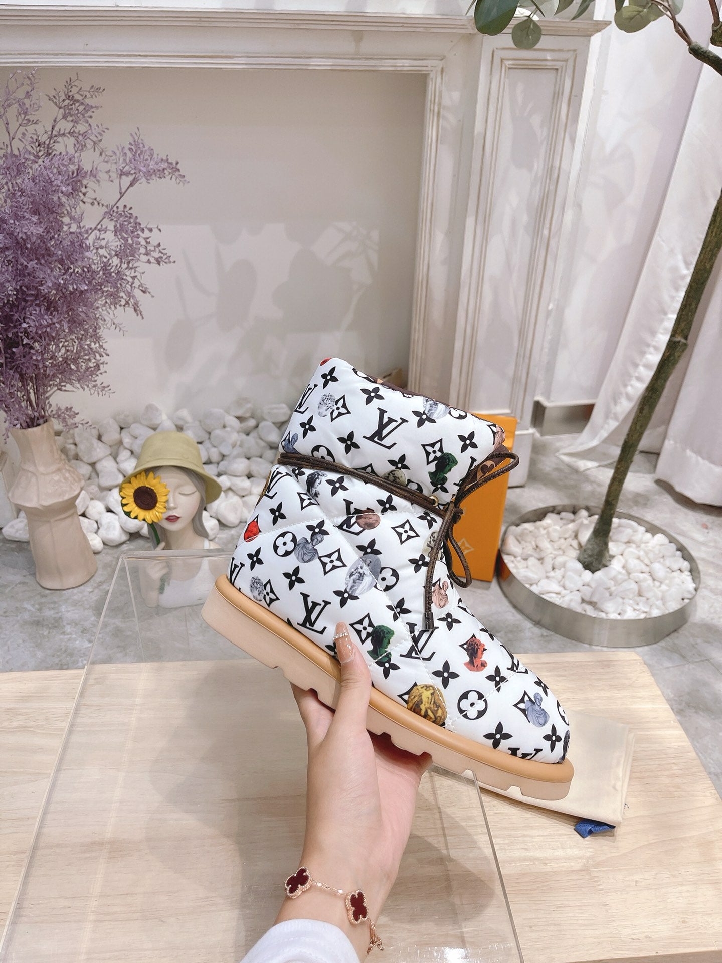 LOUIS VUITTON PILLOW COMFORT ANKLE BOOTS IN WHITE MIX BLACK MONOGRAM NYLON