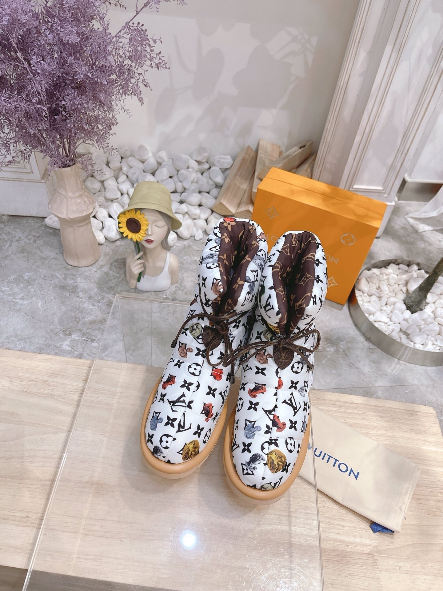 LOUIS VUITTON PILLOW COMFORT ANKLE BOOTS IN WHITE MIX BLACK MONOGRAM NYLON