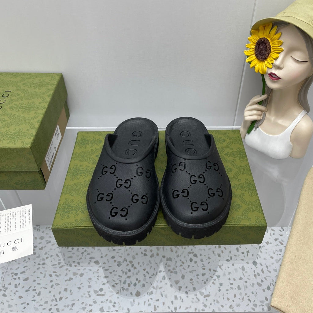GUCCI PLATFORM PERFORATED G SANDAL BLACK IP FOAM