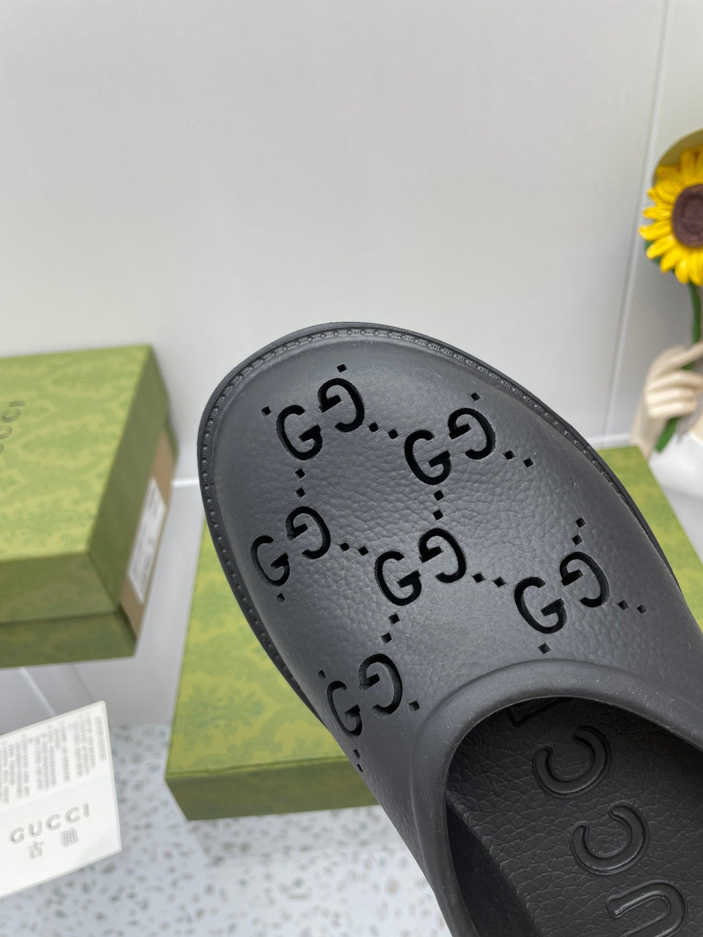 GUCCI PLATFORM PERFORATED G SANDAL BLACK IP FOAM