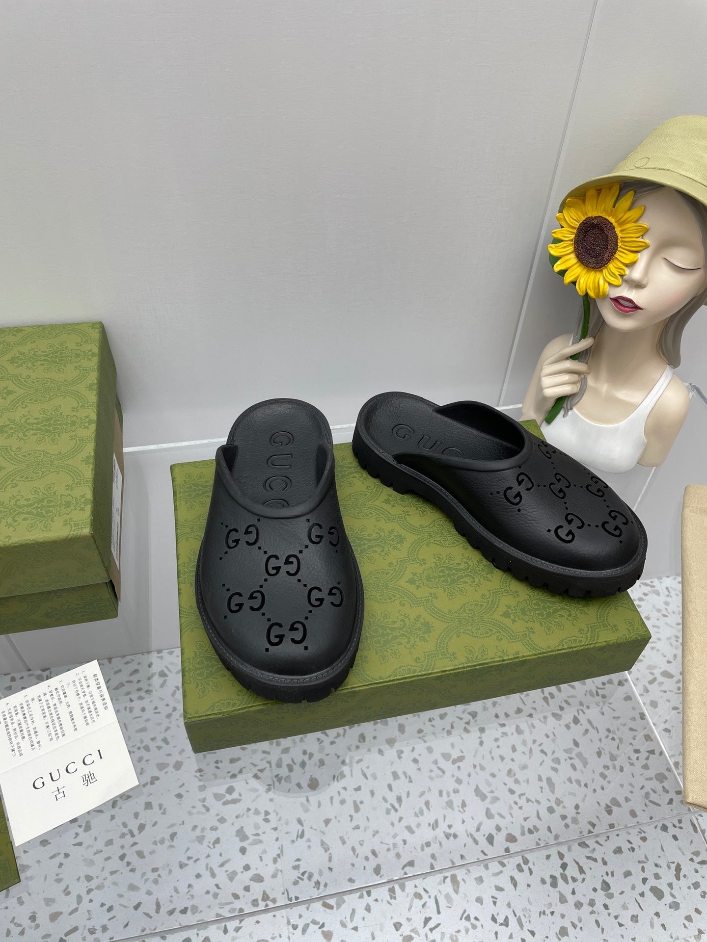 GUCCI PLATFORM PERFORATED G SANDAL BLACK IP FOAM