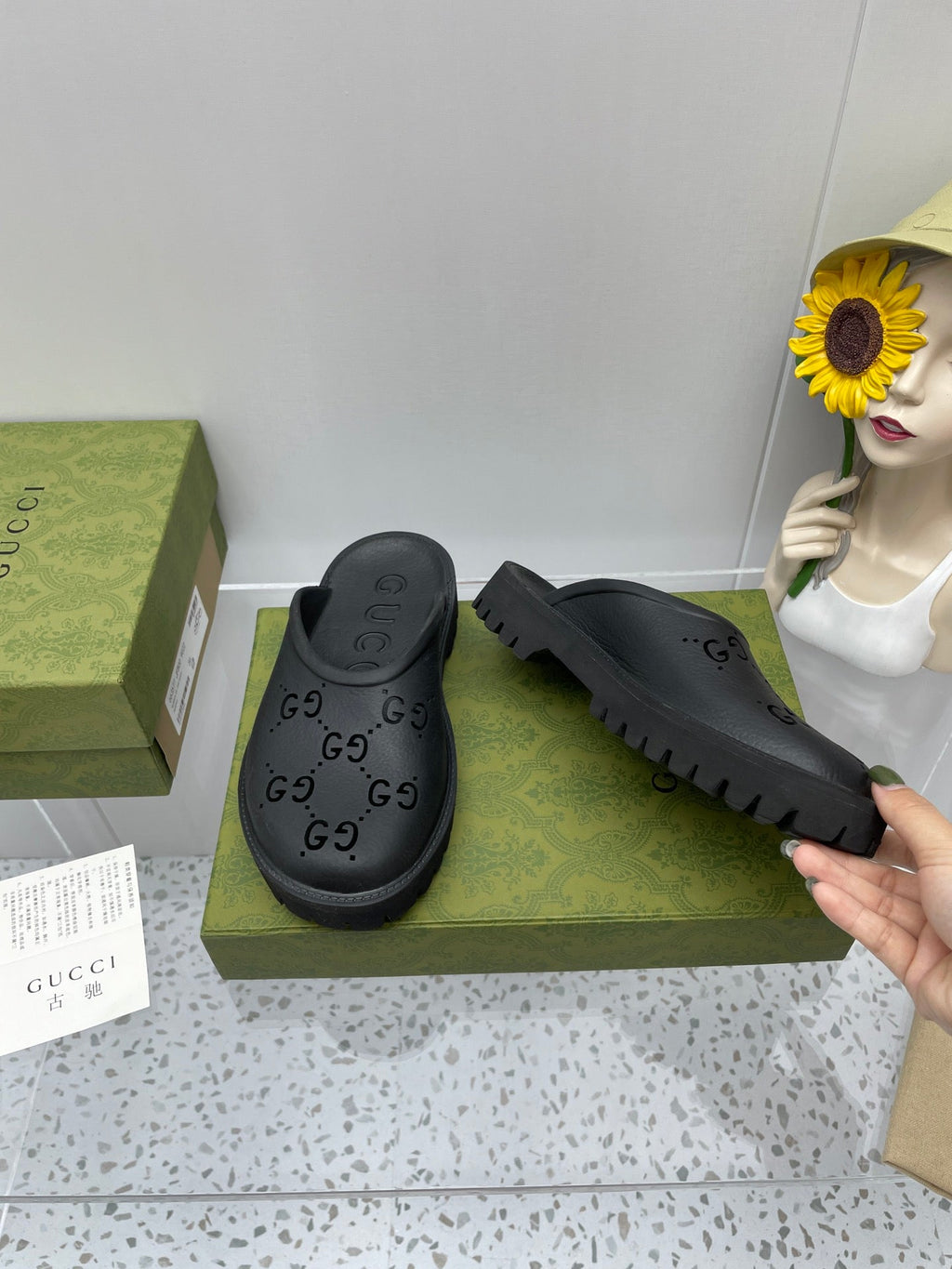 GUCCI PLATFORM PERFORATED G SANDAL BLACK IP FOAM