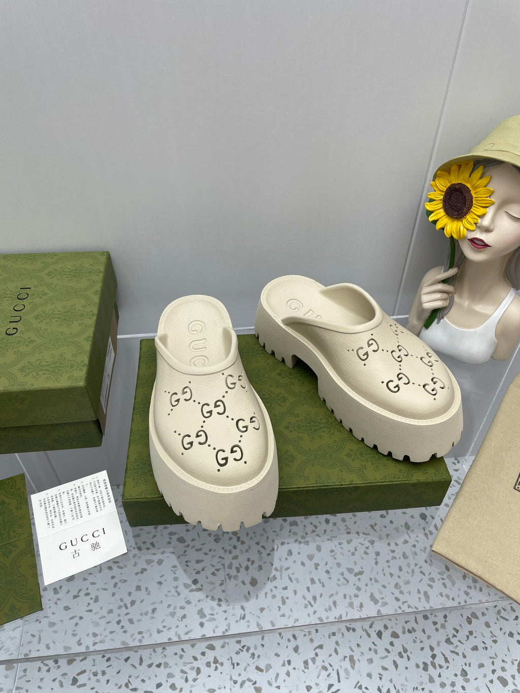 GUCCI PLATFORM PERFORATED G 55 SANDAL CREAM IP FOAM