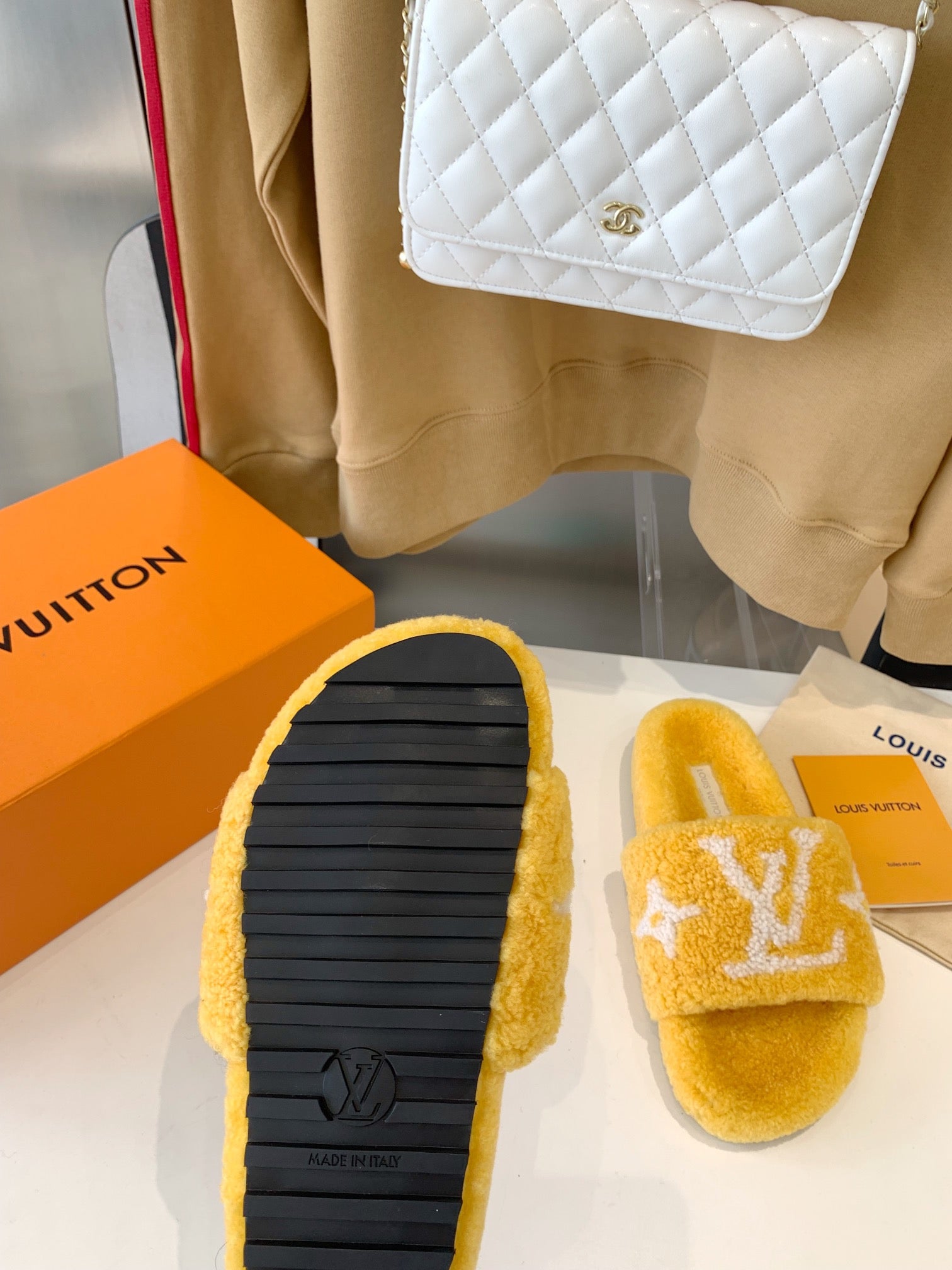 LOUIS VUITTON LV WOMEN'S PASEO FLAT SLIPPER IN YELLOW FLEECE WITH WHITE LOGO