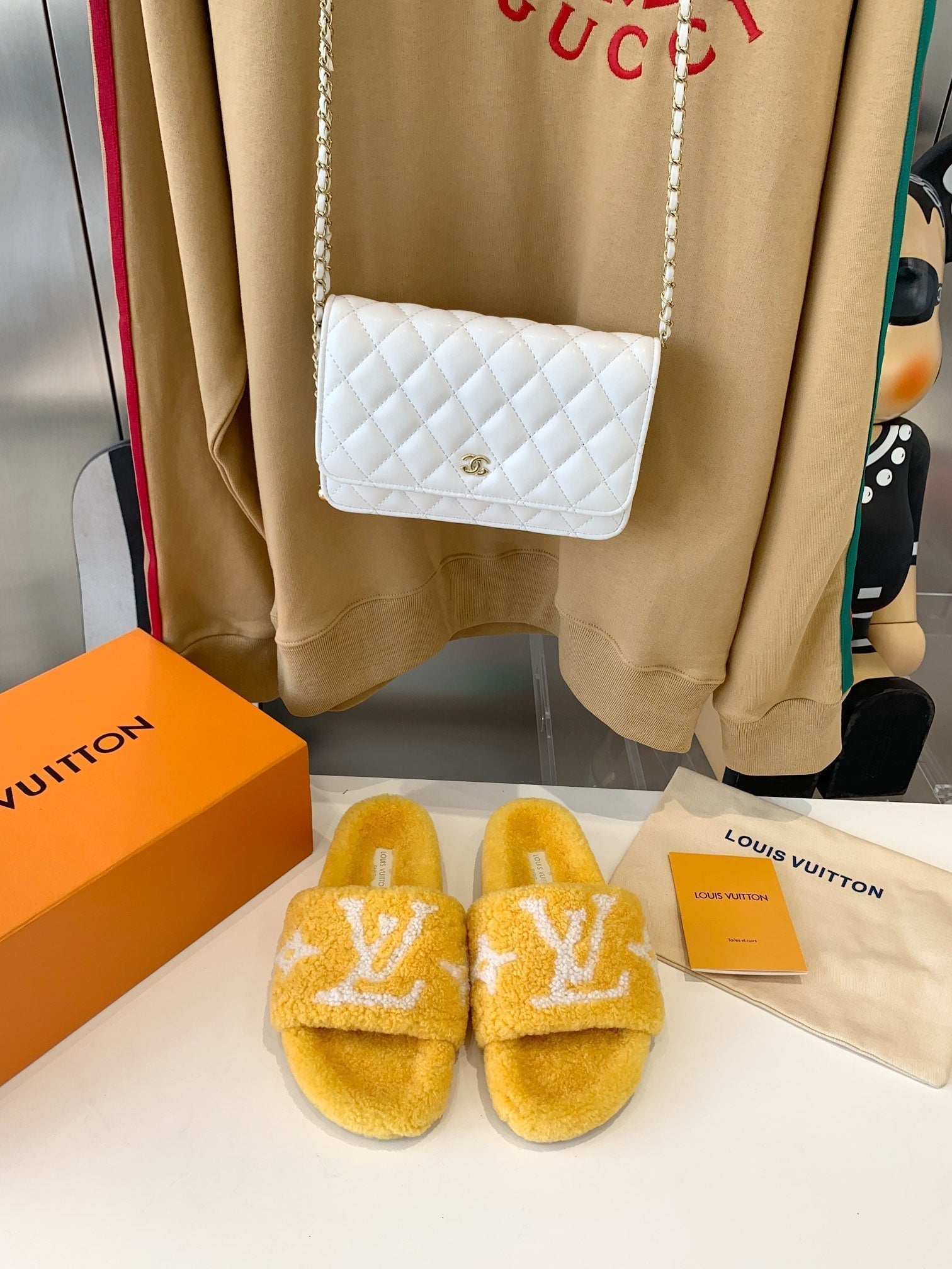 LOUIS VUITTON LV WOMEN'S PASEO FLAT SLIPPER IN YELLOW FLEECE WITH WHITE LOGO