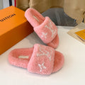 LOUIS VUITTON LV WOMEN'S PASEO FLAT SLIPPER IN LIGHT PINK FLEECE WITH WHITE LOGO