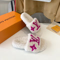 LOUIS VUITTON LV WOMEN'S PASEO FLAT SLIPPER IN WHITE FLEECE WITH PINK LOGO
