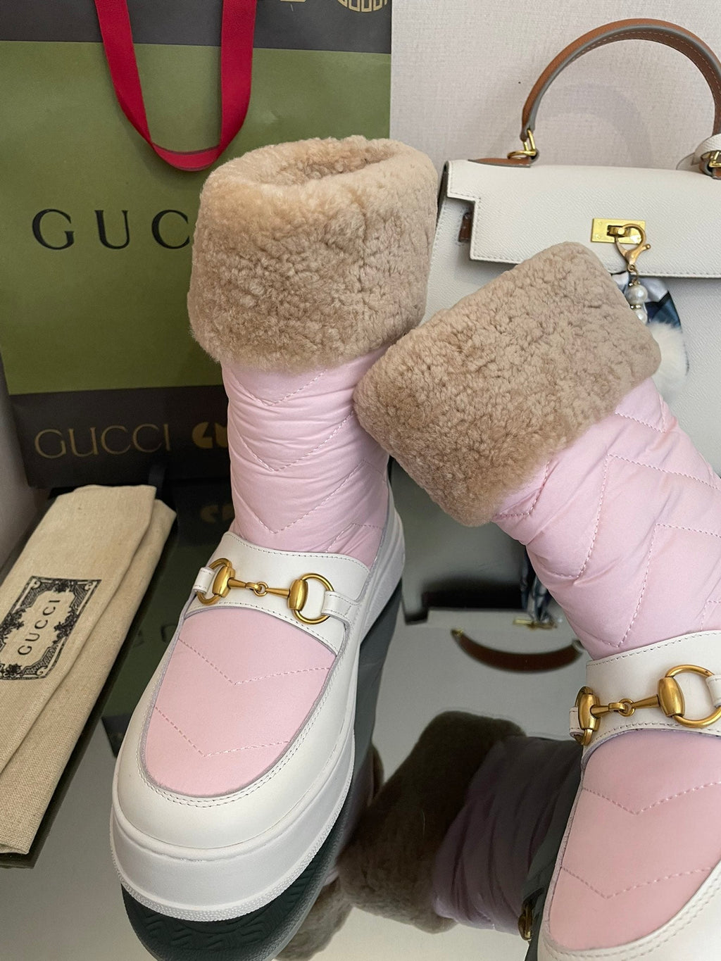 GUCCI HORSEBIT ANKLE BOOTS WITH MERINO TRIM IN LIGHT PINK NYLON MIX WHITE CALFSKIN