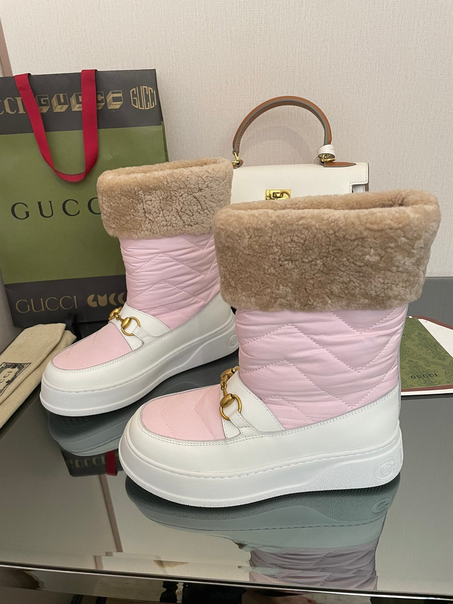 GUCCI HORSEBIT ANKLE BOOTS WITH MERINO TRIM IN LIGHT PINK NYLON MIX WHITE CALFSKIN