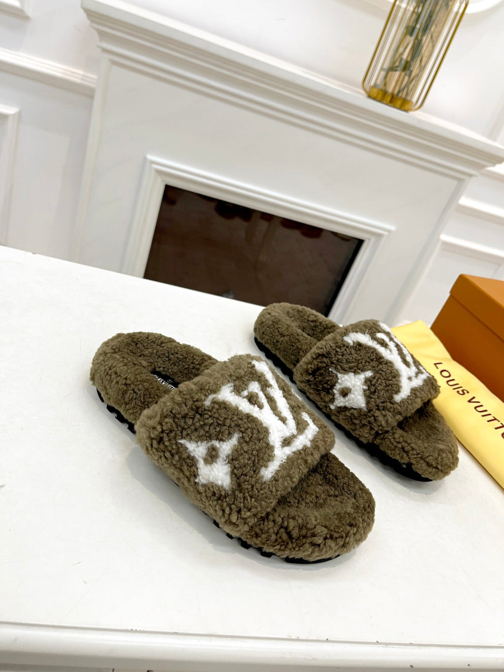 LOUIS VUITTON LV FLAT SLIPPER IN ARMY GREEN MIX WHITE SHEARLING