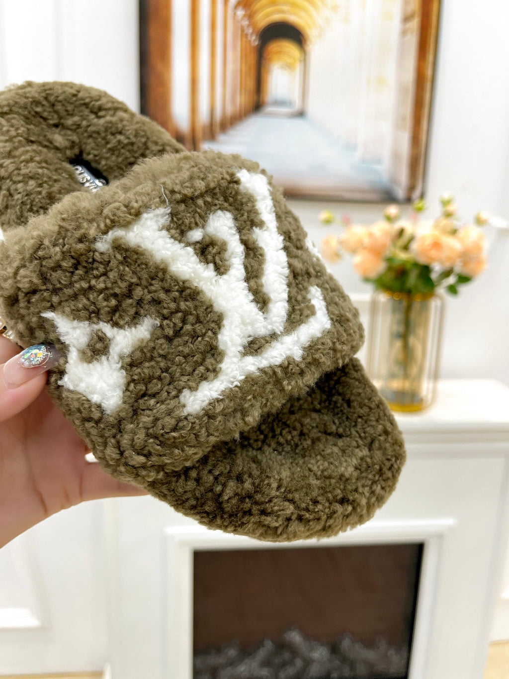 LOUIS VUITTON LV FLAT SLIPPER IN ARMY GREEN MIX WHITE SHEARLING