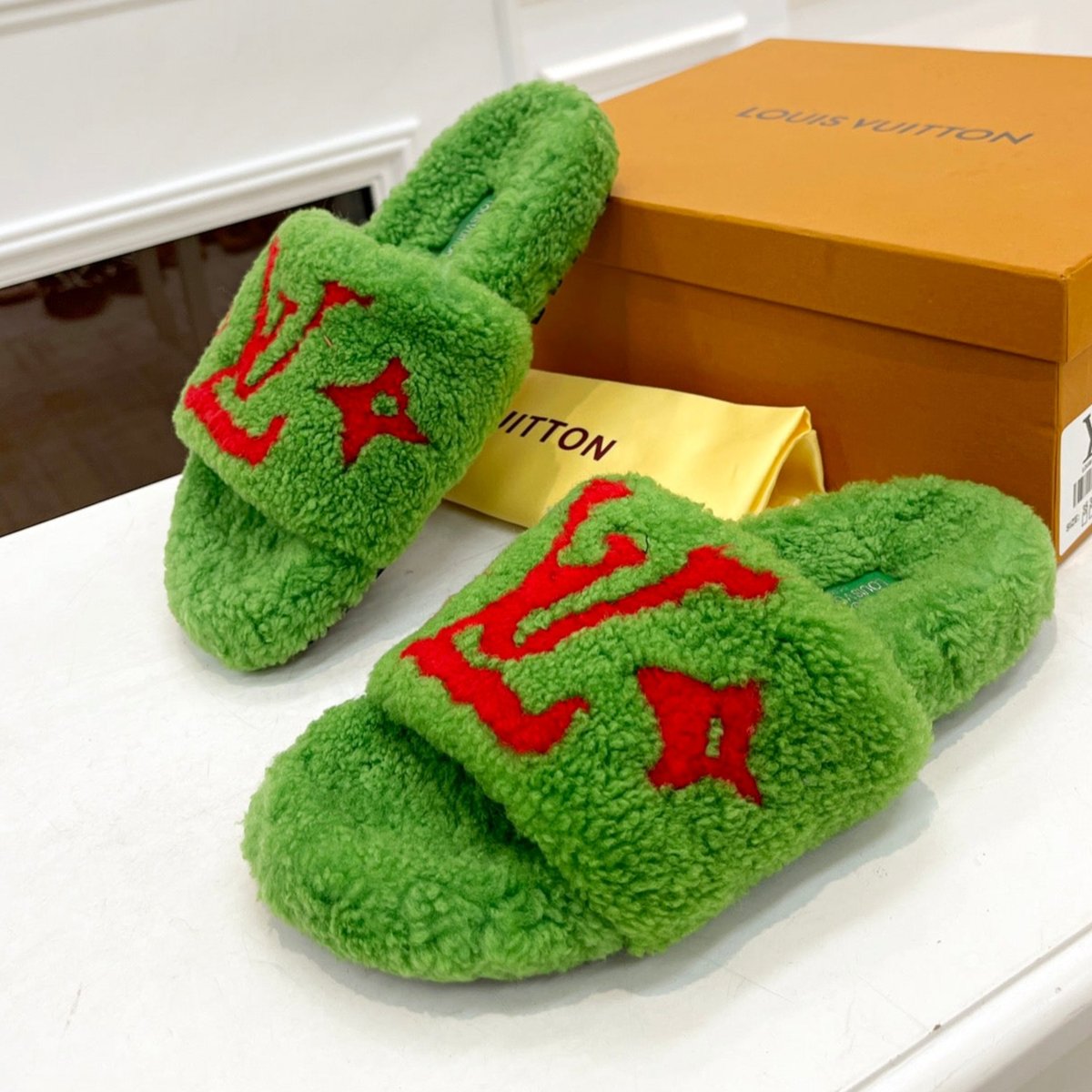 LOUIS VUITTON LV FLAT SLIPPER IN LAWN GREEN MIX CHERRY RED SHEARLING