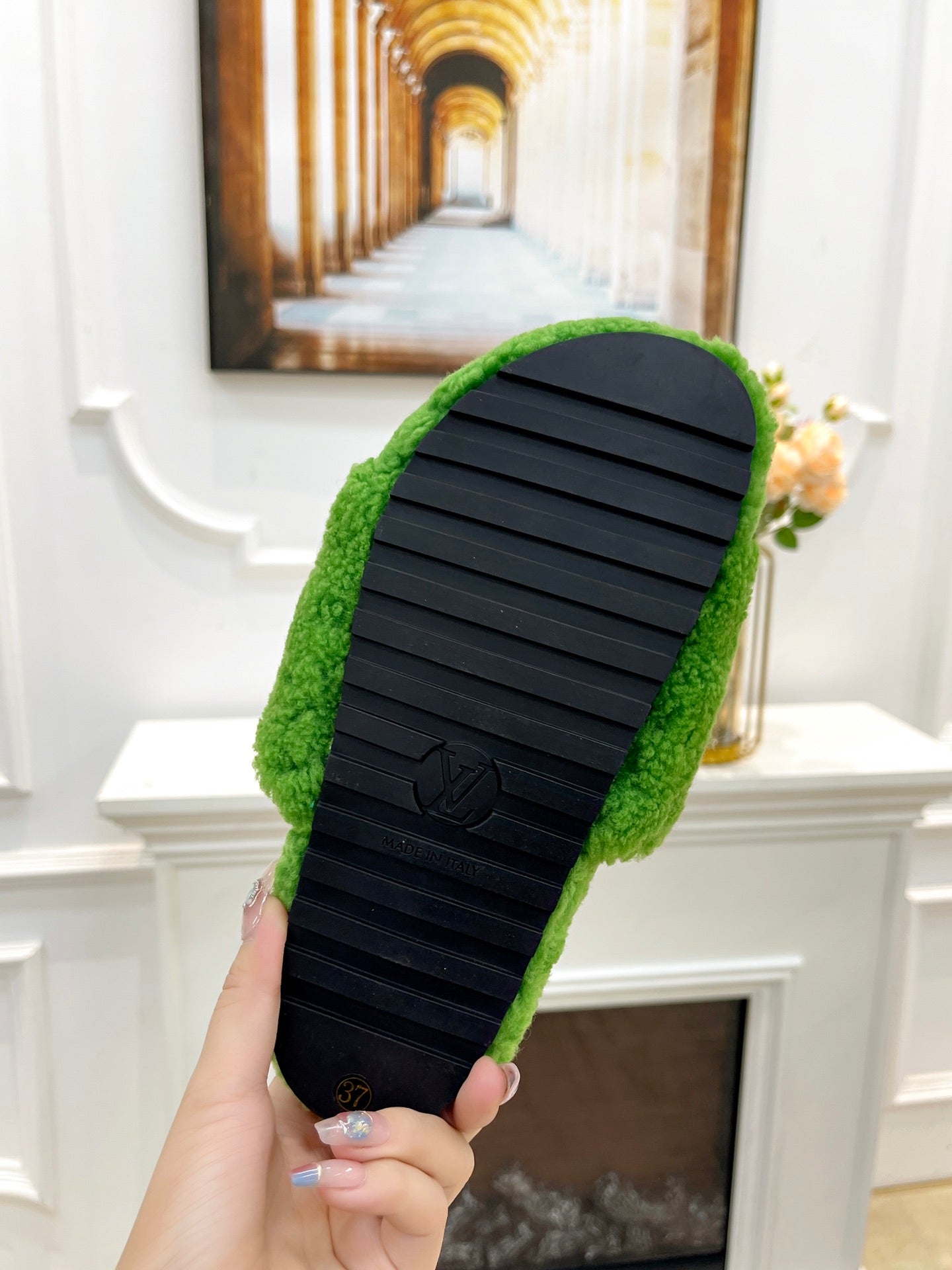 LOUIS VUITTON LV FLAT SLIPPER IN LAWN GREEN MIX CHERRY RED SHEARLING
