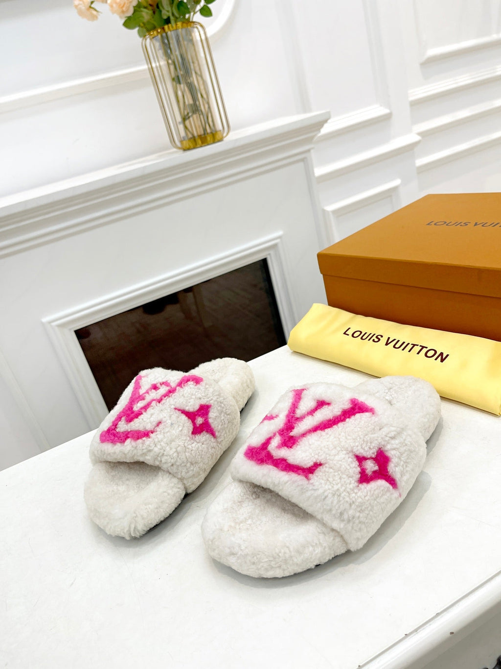 LOUIS VUITTON LV FLAT SLIPPER IN WHITE MIX BRIGHT PINK SHEARLING
