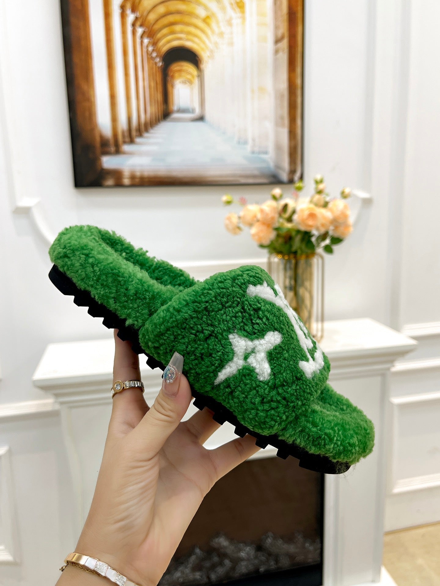 LOUIS VUITTON LV FLAT SLIPPER IN EMERALD GREEN MIX WHITE SHEARLING