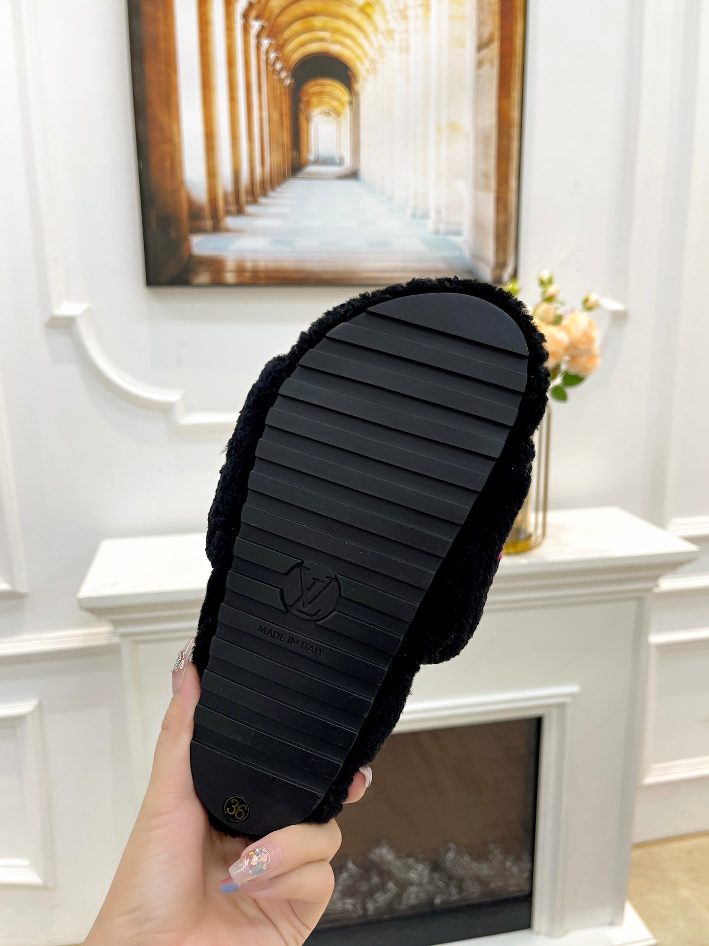 LOUIS VUITTON LV FLAT SLIPPER IN BLACK MIX BRIGHT PINK SHEARLING