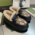 GUCCI LOAFER IN CAMEL BROWN JACQUARD AND BLACK CALFSKIN WITH BEIGE WOOL LINING