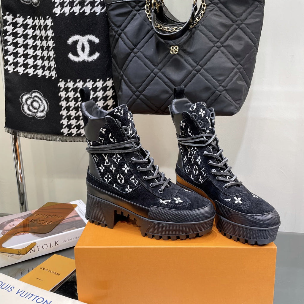 LOUIS VUITTON LAUREATE PLATFORM BOOTS IN BLACK MIX WHITE SUEDE AND MONOGRAM JACQUARD PATTERN