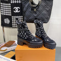 LOUIS VUITTON LAUREATE PLATFORM BOOTS IN BLACK MIX WHITE SUEDE AND MONOGRAM JACQUARD PATTERN