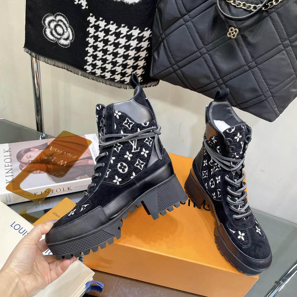 LOUIS VUITTON LAUREATE PLATFORM BOOTS IN BLACK MIX WHITE SUEDE AND MONOGRAM JACQUARD PATTERN