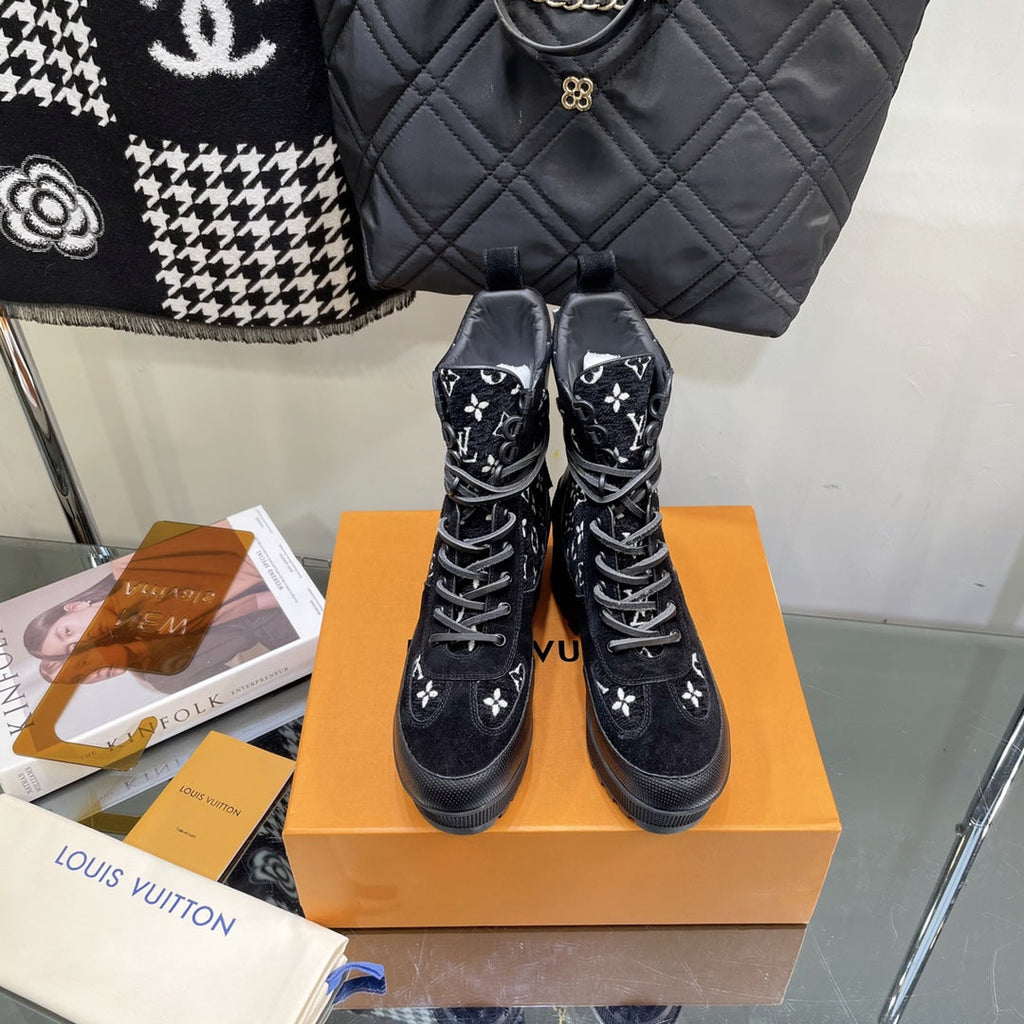 LOUIS VUITTON LAUREATE PLATFORM BOOTS IN BLACK MIX WHITE SUEDE AND MONOGRAM JACQUARD PATTERN