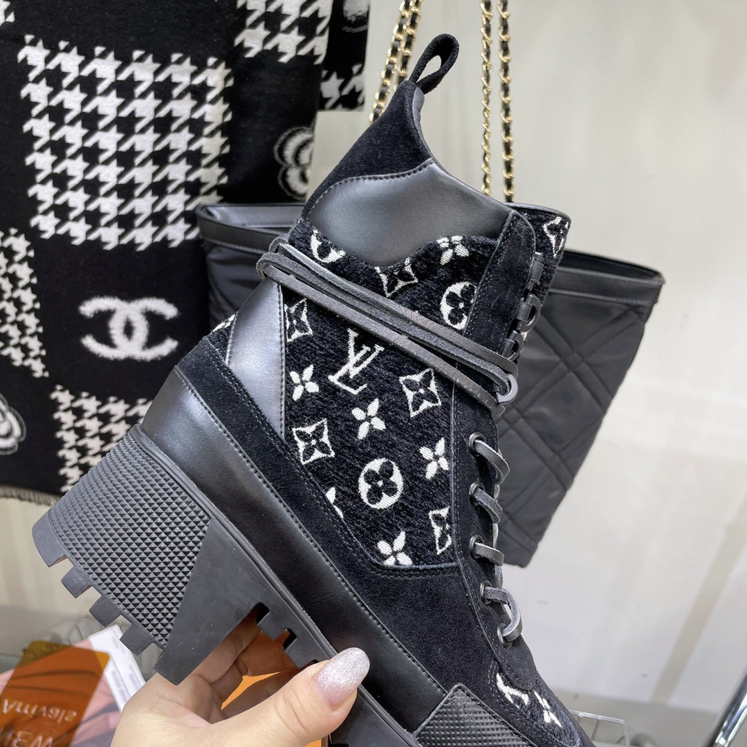LOUIS VUITTON LAUREATE PLATFORM BOOTS IN BLACK MIX WHITE SUEDE AND MONOGRAM JACQUARD PATTERN