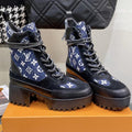 LOUIS VUITTON LAUREATE PLATFORM BOOTS IN BLACK SUEDE AND NAVY BLUE MONOGRAM JACQUARD PATTERN