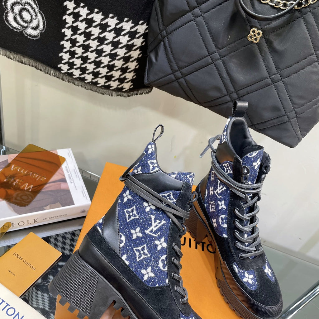 LOUIS VUITTON LAUREATE PLATFORM BOOTS IN BLACK SUEDE AND NAVY BLUE MONOGRAM JACQUARD PATTERN