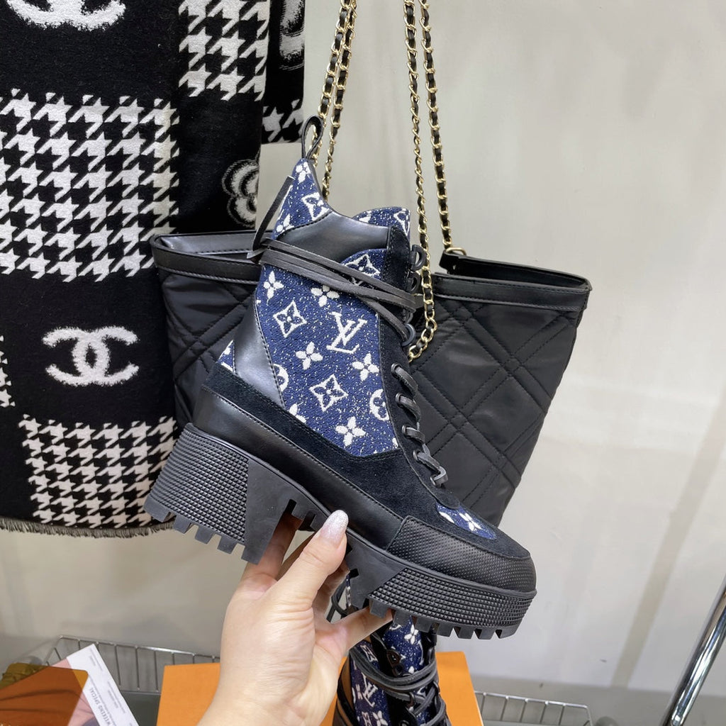 LOUIS VUITTON LAUREATE PLATFORM BOOTS IN BLACK SUEDE AND NAVY BLUE MONOGRAM JACQUARD PATTERN