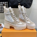LOUIS VUITTON LAUREATE PLATFORM BOOTS IN OAT TAN SUEDE AND MONOGRAM JACQUARD PATTERN