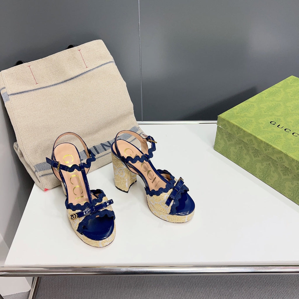 GUCCI 105 HIGH HEEL SANDAL NAVY STRAW