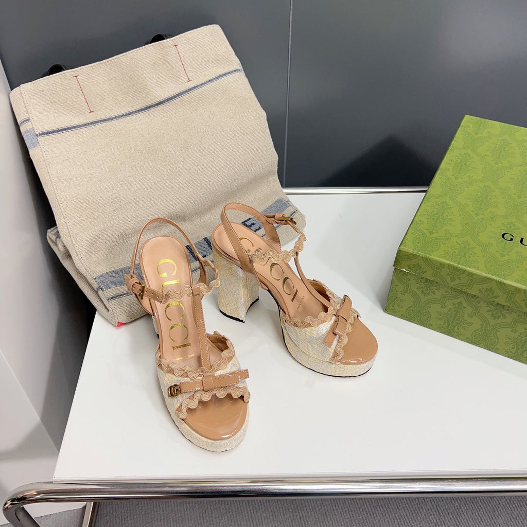 GUCCI 105 HIGH HEEL SANDAL LIGHT BROWN STRAW