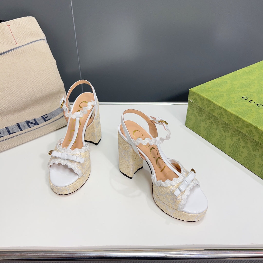 GUCCI 105 HIGH HEEL SANDAL WHITE STRAW
