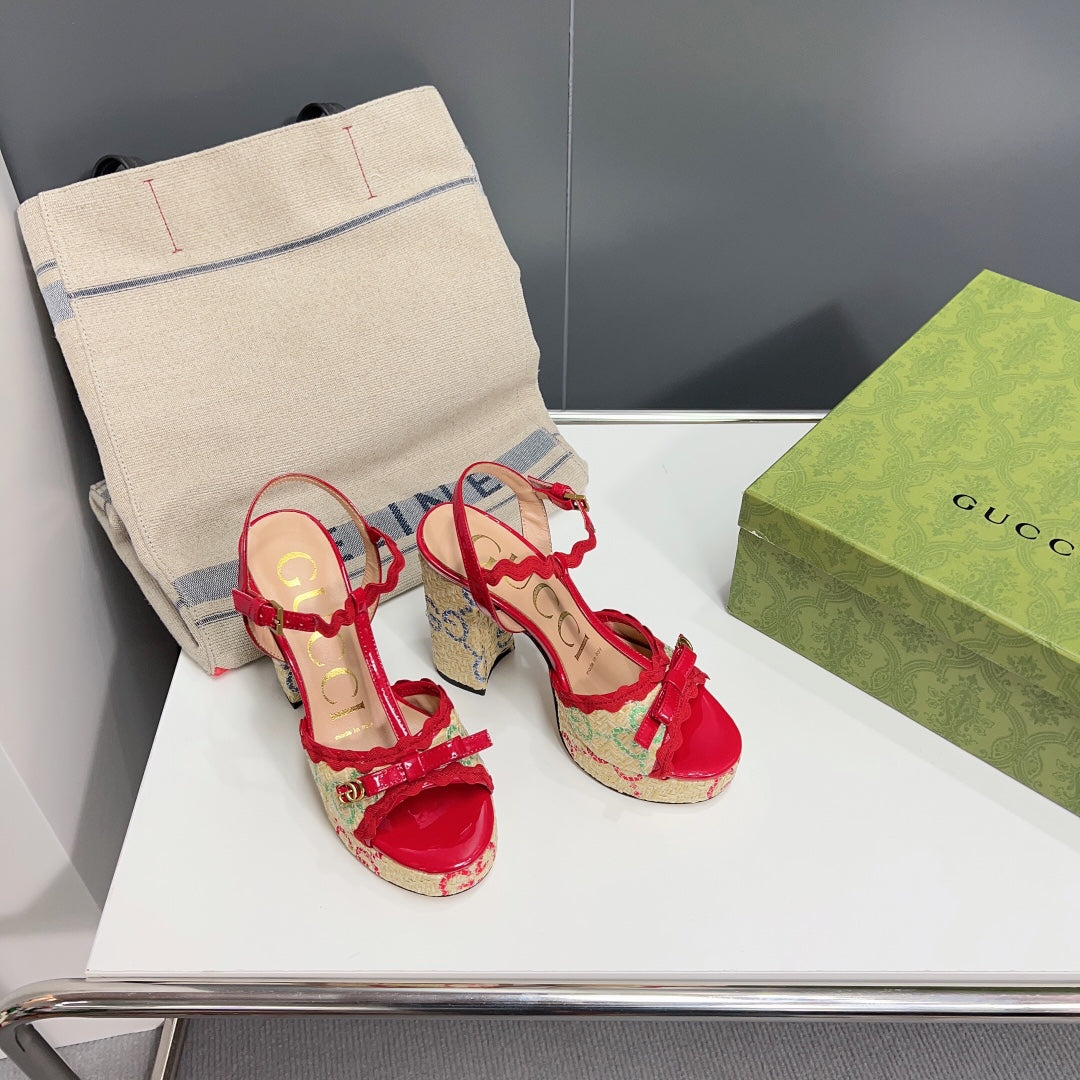 GUCCI 105 HIGH HEEL SANDAL CRIMSON STRAW