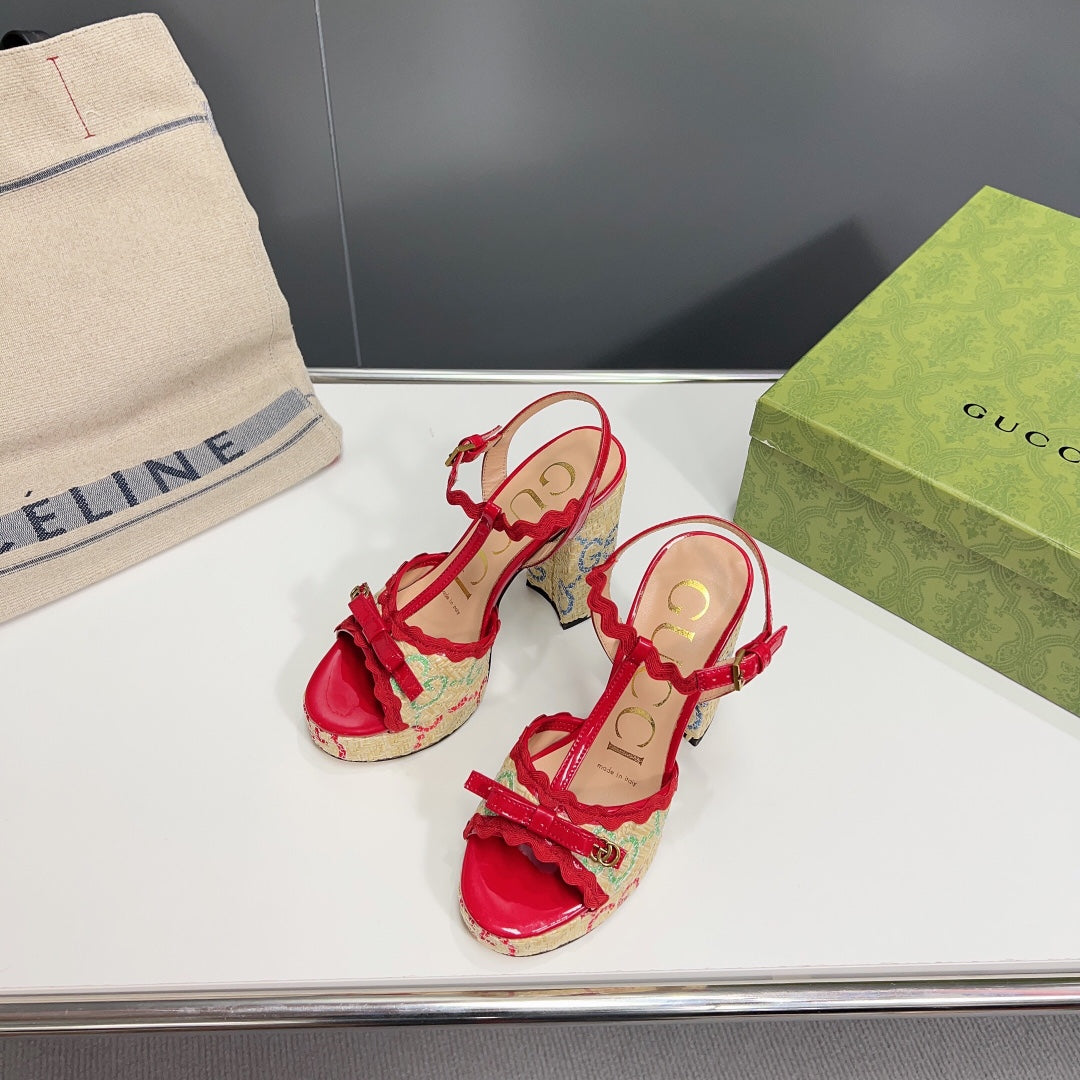 GUCCI 105 HIGH HEEL SANDAL CRIMSON STRAW