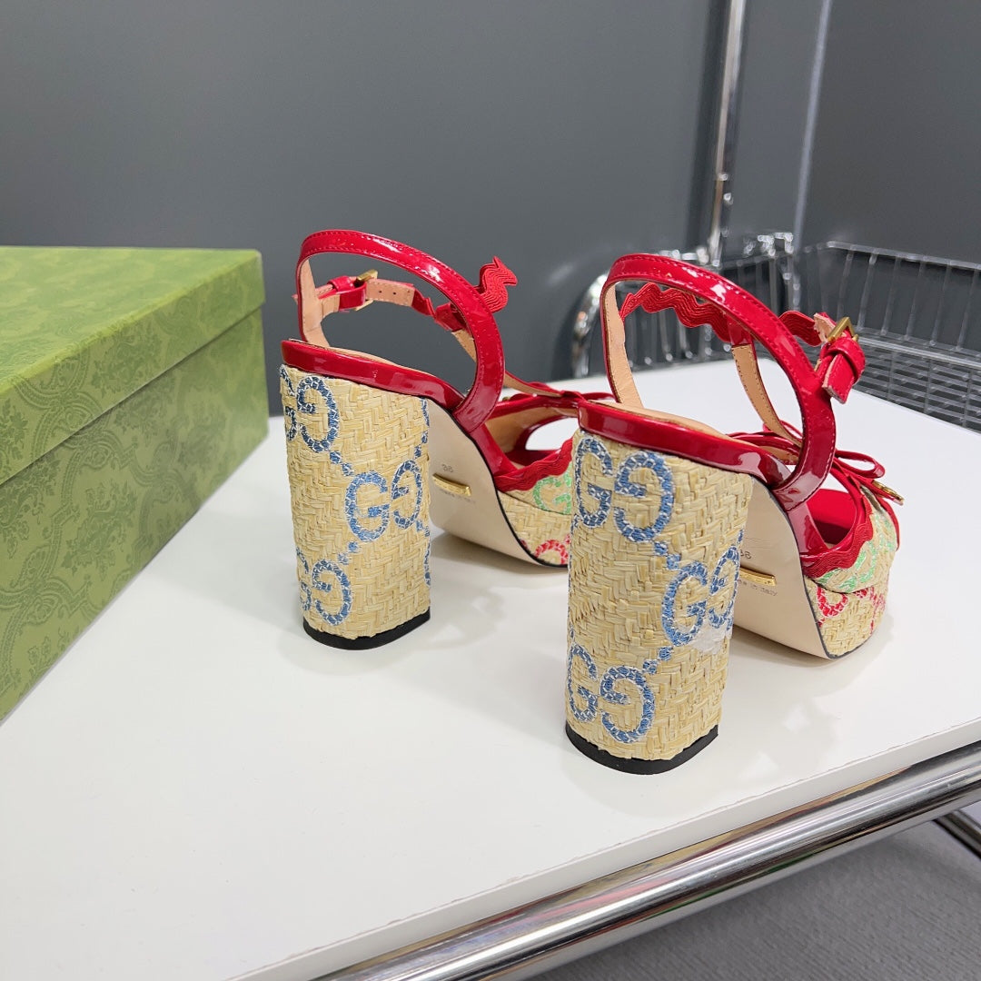 GUCCI 105 HIGH HEEL SANDAL CRIMSON STRAW