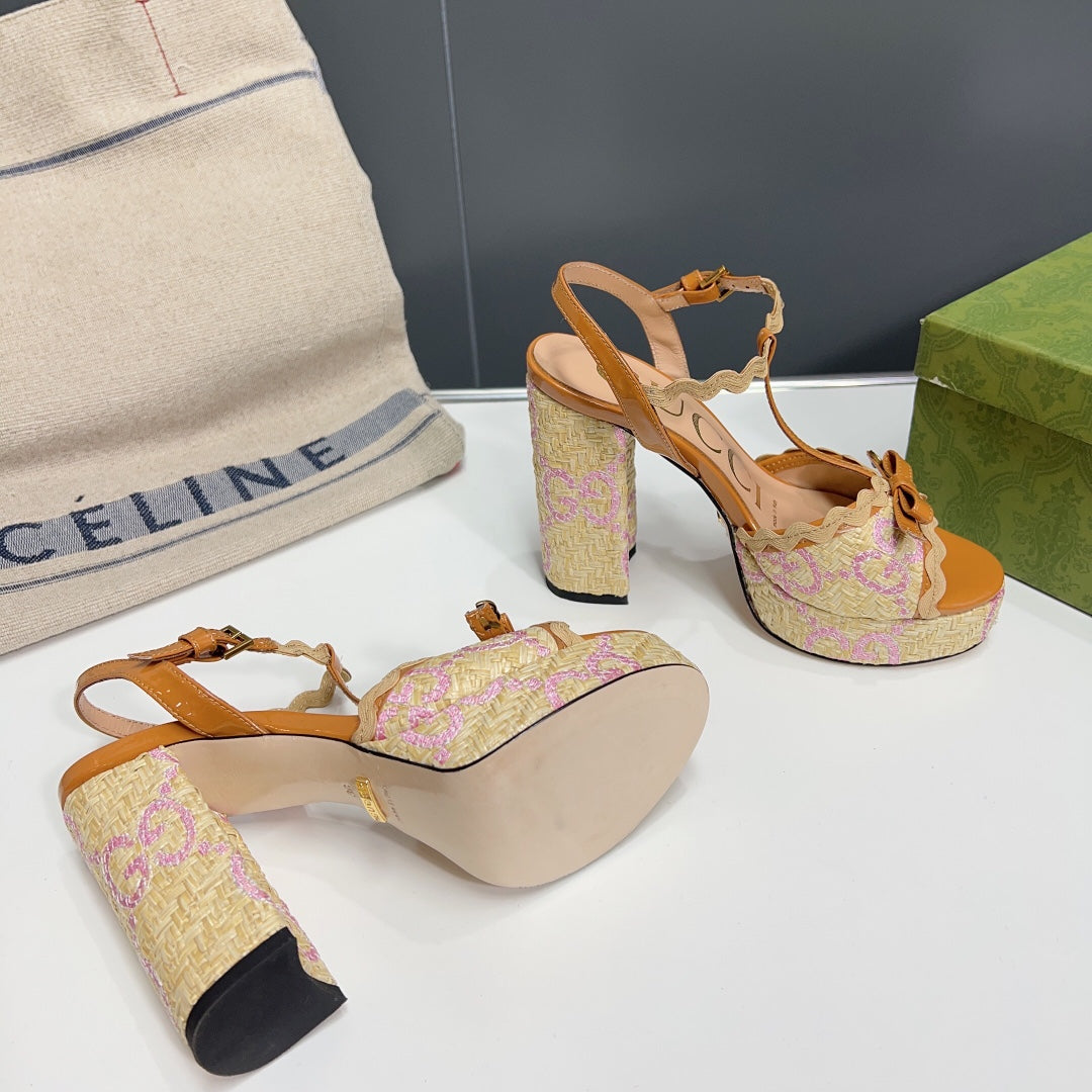 GUCCI 105 HIGH HEEL SANDAL AMBER STRAW