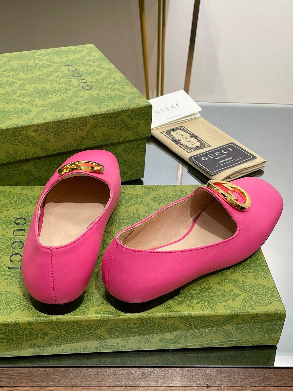 GUCCI BLONDIE LOGO-PLAQUE LOAFERS IN BRIGHT PINK CALFSKIN WITH GOLD HARDWARE